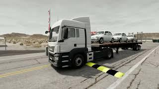 Double Flatbed Trailer Truck vs Speedbumps Train vs Cars Beamng.Drive