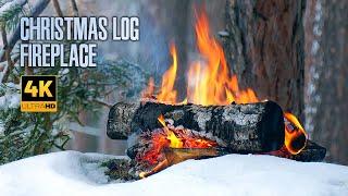 4KChristmas Log Fireplace  Winter Forest Campfire and Falling Snow