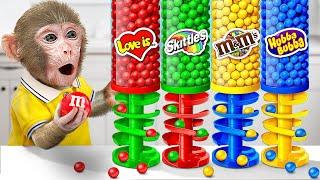 DoKi Monkey Challenge with Four Color M&M Candy Dispenser Vending Machine and eat Jelly| DoKi Monkey