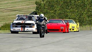 Kawasaki Ninja H2R vs Audi Sport Quattro S1 GrB vs Ferrari F40 Sports at Old SPA