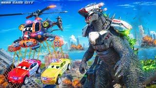 Gigantic Armored Godzilla vs Super Police Cars Battle | Monster Trucks, Hero Cars Epic Fight Episode