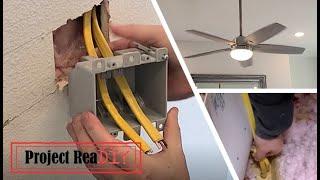 Running wire for a ceiling fan in a finished ceiling & wall