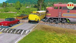 Cars vs train bus vs train cars vs rails BeamNG.Drive 04