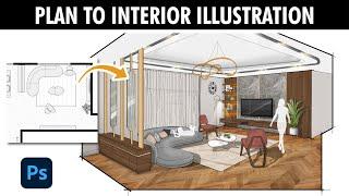 Create Interior Illustration from Floor Plan | No 3D Model | Quick & Easy