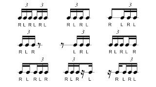 Common 16th-note triplet rhythms with sticking for drums 