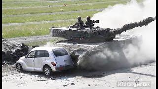 Car vs Main Battle Tank: Leopard 2A4 rams into cars at full speed