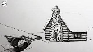 Quick Winter Landscape Drawing: Sketch a Cabin in a Snowy Scenery