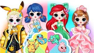 Disney Princess Elsa, Anna & Wednesday Glow Up into Pokemon Outfits! | DIY Paper Dolls Fashion