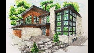 How to draw an Architectural sketching of house with markers/ Como  hacer un Bosquejo arquitectónico