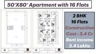 50'X80' Apartment Plan with 16 Flats | 4000 Sqft Design with good rental income