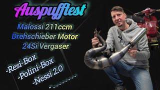 Auspufftest auf Drehschieber Motor mit Malossi 211ccm, 24Si Vergaser, Resi-Box,  Polini-Box, .......