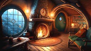 Cozy Hobbit Living Room During Winter - Soothing Fireplace & Relaxing Blizzard Icy Snowstorm Sounds