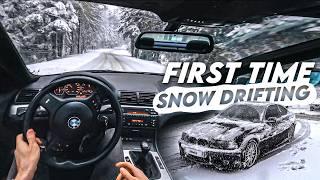 POV Drifting a BMW E46 330Ci in the Snow for the First Time