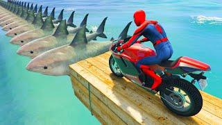 الأبطال الخارقين على القضبان دوامة قمع جسر - SPIDER-MAN on Motorcycle in Spiral Bridge Stunt Ride!