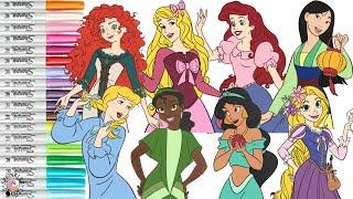 Disney Princess Coloring Book Compilation Jasmine Cinderella Mulan Aurora Rapunzel Belle Tiana Ariel