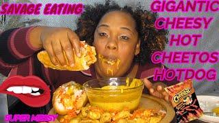 SAVAGE EATING GIGANTIC CHEESY  HOT CHEETOS  HOTDOG || SOCIAL EATING | EATING SHOW