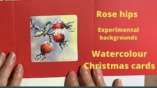 Watercolour Christmas card ideas : experimental backgrounds and snowy rose hips.