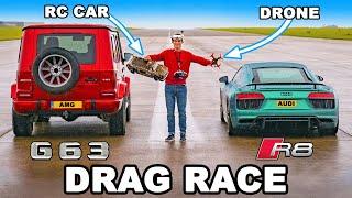 Audi R8 v RC Car v Drone v AMG G63: DRAG RACE