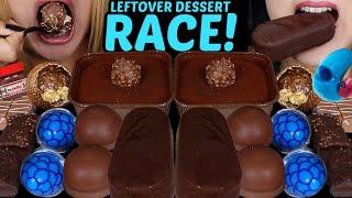 ASMR LEFTOVER DESSERT RACE! FERRERO TIRAMISU CAKE, BIG CHOCOLATE ICE CREAM BAR, BLUE RASPBERRY GUMMY