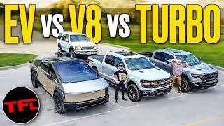 This Video Will Make EVERYONE Mad: Ford V-8 vs Ram Turbo I-6 vs Cybertruck Tow-off!