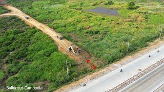 New road development project by use powerful dozer kumatsu and dump truck 25.5 ton work fast