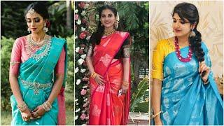 Borderless Silk Sarees with Contrast Blouse Designs || No Boarder Silk Sarees With Contrast Blouses