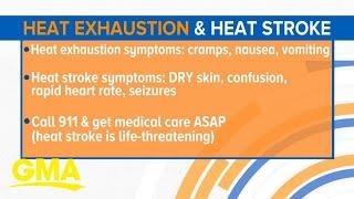 What are the symptoms of heat exhaustion and heat stroke?