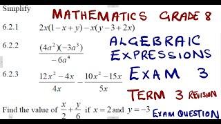 Mathematics Grade 8 Algebraic Expressions Exam 3 Term 3 @mathszoneafricanmotives  @mathswithadmirelightone