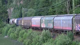 Godståg och resandetåg på kvällen. Cargo train and passenger train in the evening.