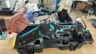 Mini Chainsaw Cordless 6“ Electric Saw with two Chains and 2 Batteries Unboxing and Instructions