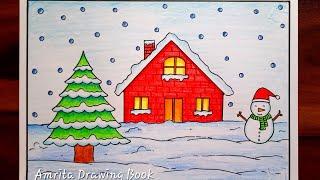 Winter Season Drawing Easy Steps | Snowman Scenery Drawing | Winter Snowfall Scenery Drawing