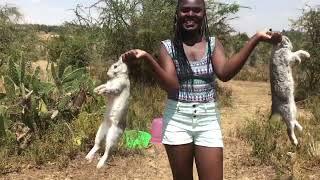 African village girl slaughtering two rabbits barefoot near the river