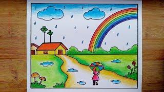 Rainy Season Scenery Drawing / Rainbow Scenery Drawing Very Easy/ How To Draw Rainy Day Drawing