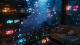  Rainy Night Serenade: Lush Cyberpunk City Balcony  | Rain and Ambient Music | 4K | 10 hours