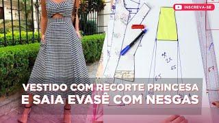 VESTIDO COM RECORTE PRINCESA E SAIA EVASÊ COM NESGAS / PAULA BATISTA