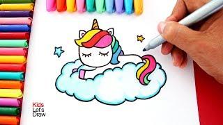 Aprende a dibujar un UNICORNIO ARCOIRIS sobre una Nube estilo Kawaii | KidsLetsDraw