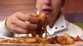 MUKBANG - Mall Food / Chinese Wok - Lo Mein, Egg Roll, Cheese Wonton, Dumplings, Bourbon Chicken