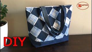 DIY LADIES CANVAS WITH DENIM PATCHWORK TOTE BAG SEWING TUTORIAL | PATCHWORK TOTE BAG TUTORIAL