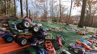 Hot Wheels Monster Trucks Jumping and Crashing on our outdoor track