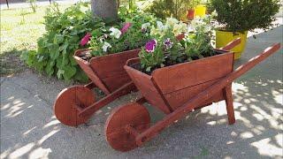 DIY wooden wheelbarrows in the garden