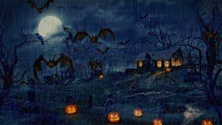 Spooky Halloween Ambience Heavy Rain Haunted Graveyard Rainy Night Flying Bats