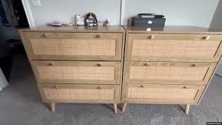 Anmytek Chest of 3 Drawers Rattan Dresser Wood Modern Dresser With 3 Drawers