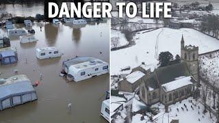 Caravan park underwater as 'severe' floods, snow and ice batter Britain sparking major incidents