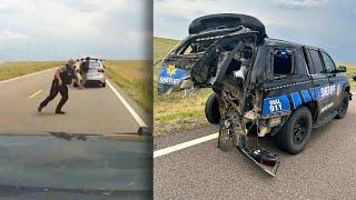 Car Crashes Into Police Car in the Middle of Empty Highway