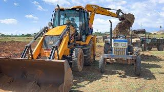 JCB 3DX Backhoe Loading Mud in Sonalika 740 Powertrac Euro50 Swaraj 735FE John Deere 5050D | Jcb